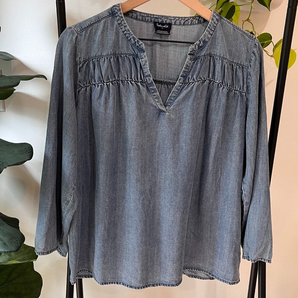 Splendid Chambray Lyocell Blouse M Long Sleeve Pullover Top Soft Denim Blue